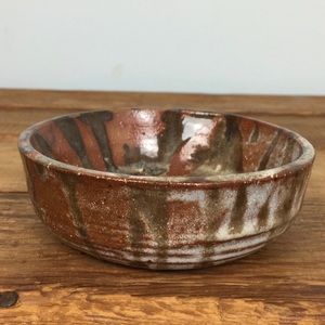 Hand Crafted Drip Glaze Pottery Trinket Dish Bowl Brown Rust Cream